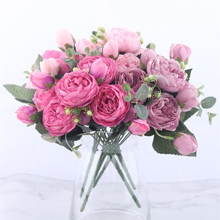极速30cm Rose Pink Silk Peony Artificial Flowers Bouquet 5 B