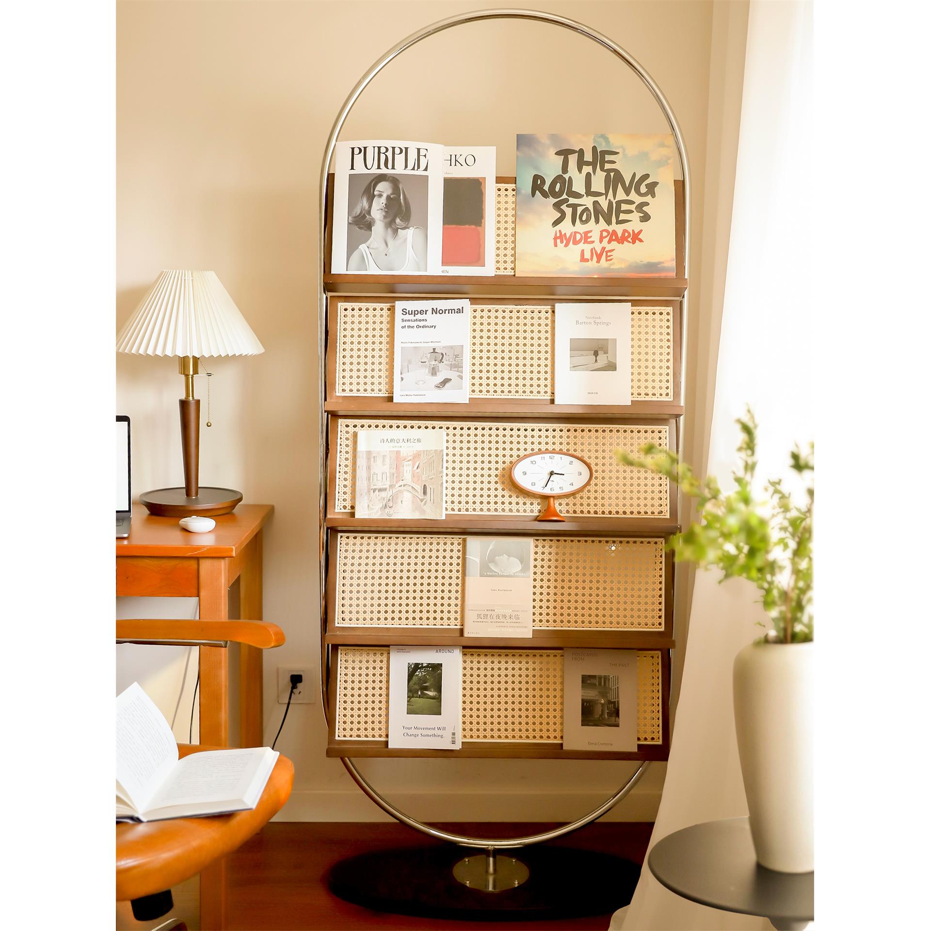 中古包豪斯屏风杂志架移动落地实木藤编书报展示玄关隔断置物架子