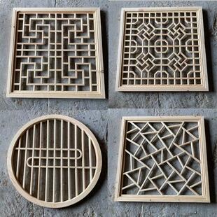 东阳木雕中式彷古实木花格方形花窗吊顶灯罩挂件玄关通花板可定制