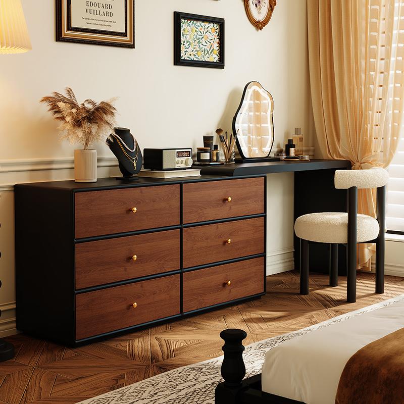覆古实木化妆台斗柜一体黑胡桃烤漆书桌卧室简约床尾柜极简化妆桌