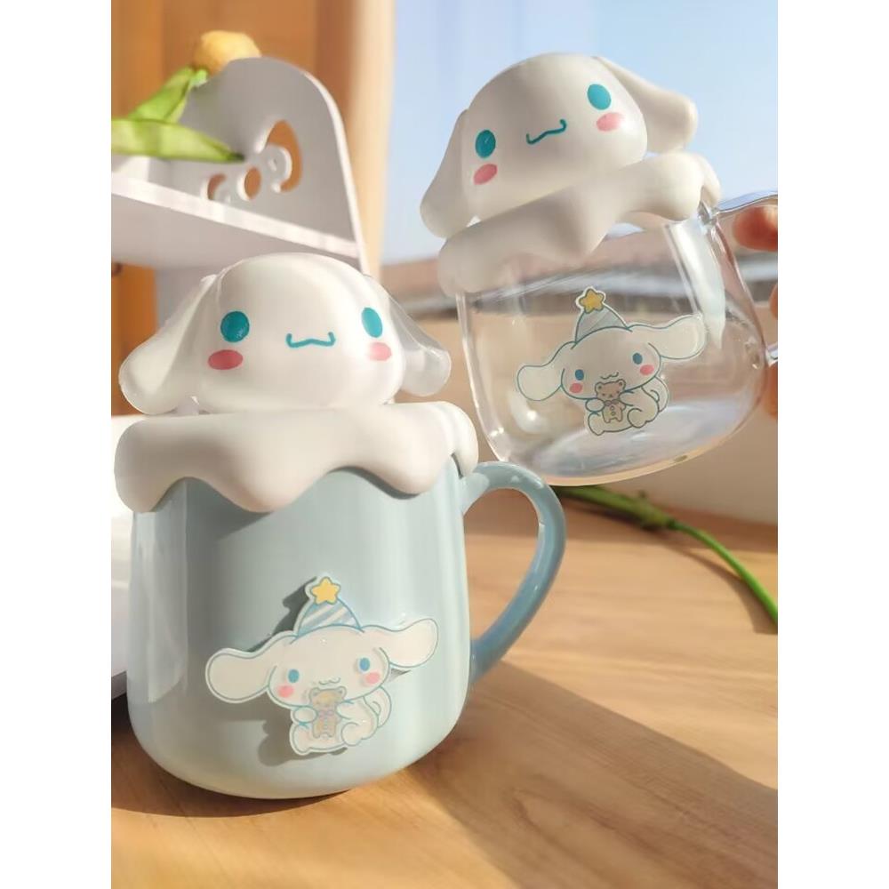 马克杯大耳狗水杯奶杯卡通蓝色玉桂可爱茶早餐杯玻璃陶瓷带盖子把
