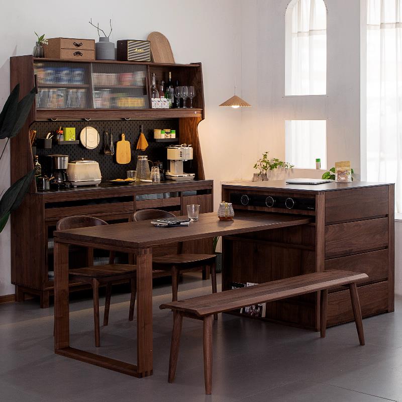 黑胡桃木岛台餐桌一体可伸缩家用岩板中岛台单独厨房橱柜实木吧台