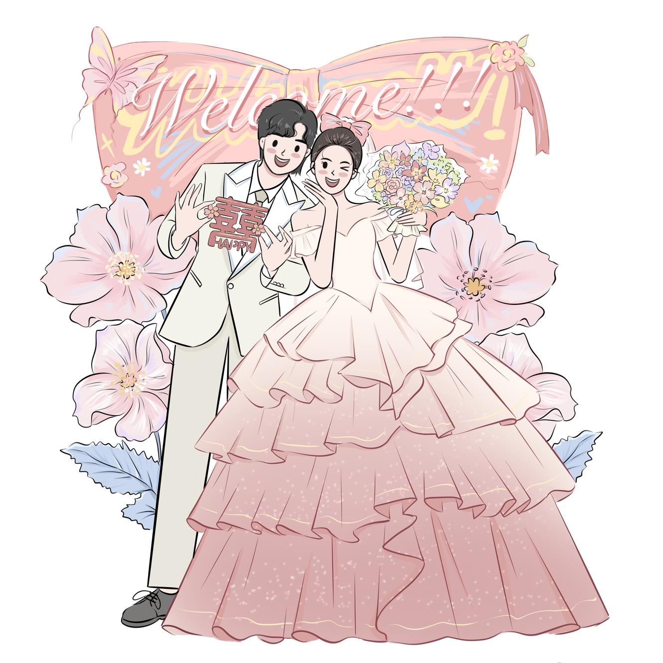 手绘头像Q版情侣婚礼婚纱照定制卡通人物人形立牌迎宾牌动漫礼物