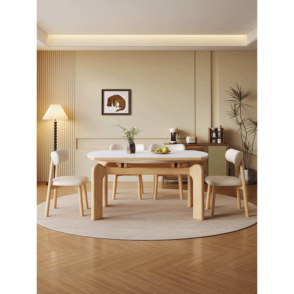 北欧实木岩板伸缩餐桌椅组合家用小户型原木风可折叠方圆两用饭桌