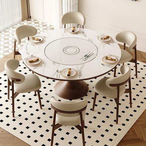 国家补贴实木岩板餐桌可伸缩家用法式极简小蛮腰方圆两用内嵌饭桌