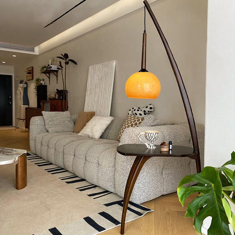 中古落地灯置物架一体实木小边几复古高级客厅卧室钓鱼立式柚子灯