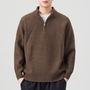 美式重磅半拉链毛衣男秋冬款立领宽松针织衫保暖打底极简毛线外套