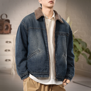 美式潮牌牛仔外套男生冬季加绒加厚拉链夹克棉服羊羔绒一体绒棉袄