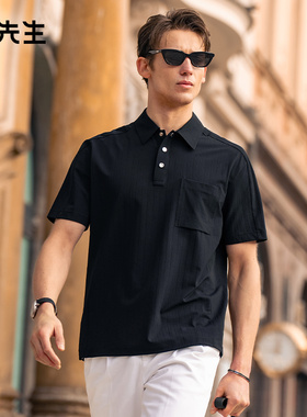 布先生轻奢翻领宽松短袖男款2025夏季简约时尚抗皱T恤黑色ET16228