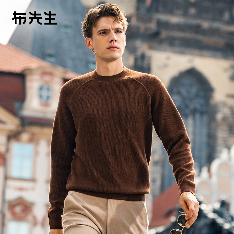 布先生轻奢插肩袖圆领棕色毛衣秋冬肌理感保暖羊毛衫男士PT15599