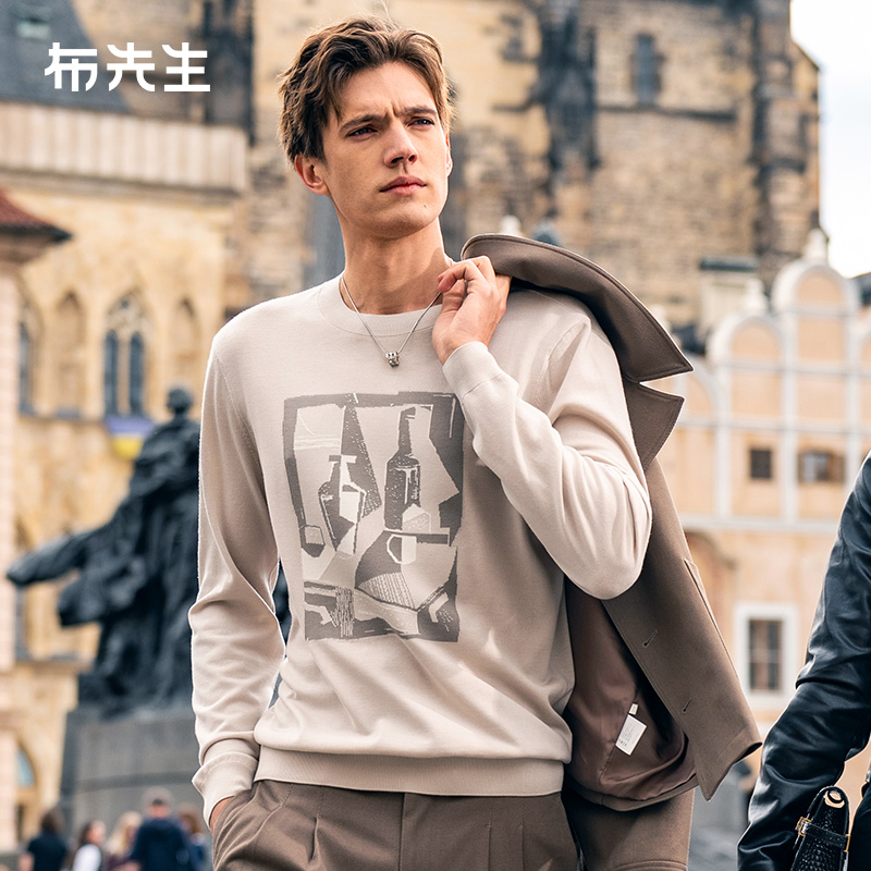 布先生轻奢长袖T恤男款上衣圆领羊毛衫时尚印花可机洗PT15566断码