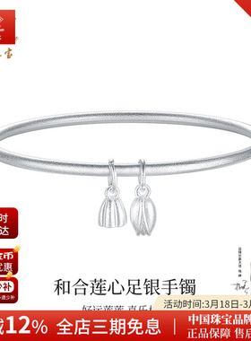 中国珠宝足银999两世欢莲蓬银手镯女古法素圈生日礼物送女友妈妈