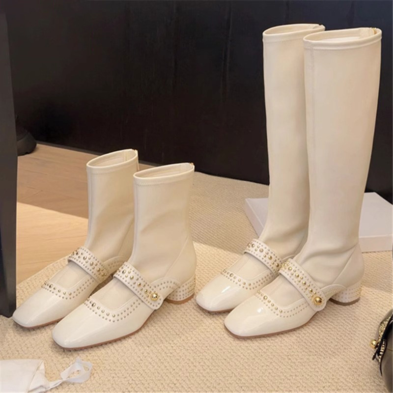 【小个子福音】真皮气质方头铆钉高跟弹力瘦瘦长靴粗跟长筒骑士靴,女鞋,骑士靴,淘宝优惠券,粉丝福利购,淘宝优惠卷