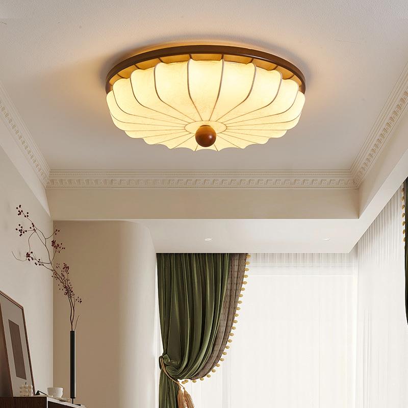 中古风实木卧室灯吸顶灯美式复古客厅灯日式圆形布艺书房主卧灯具