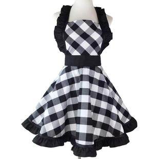 围衣复古格子棉布围裙家居厨房清洁用品女美甲工作服罩衣围裙