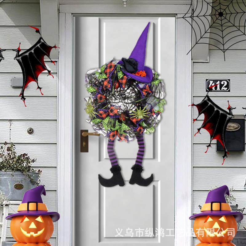 纵鸿跨境万圣节女巫腿花环巫婆帽蜘蛛花圈前门装饰室内外节日挂饰,标准件/零部件/工业耗材,车间地垫,淘宝优惠券,粉丝福利购,淘宝优惠卷