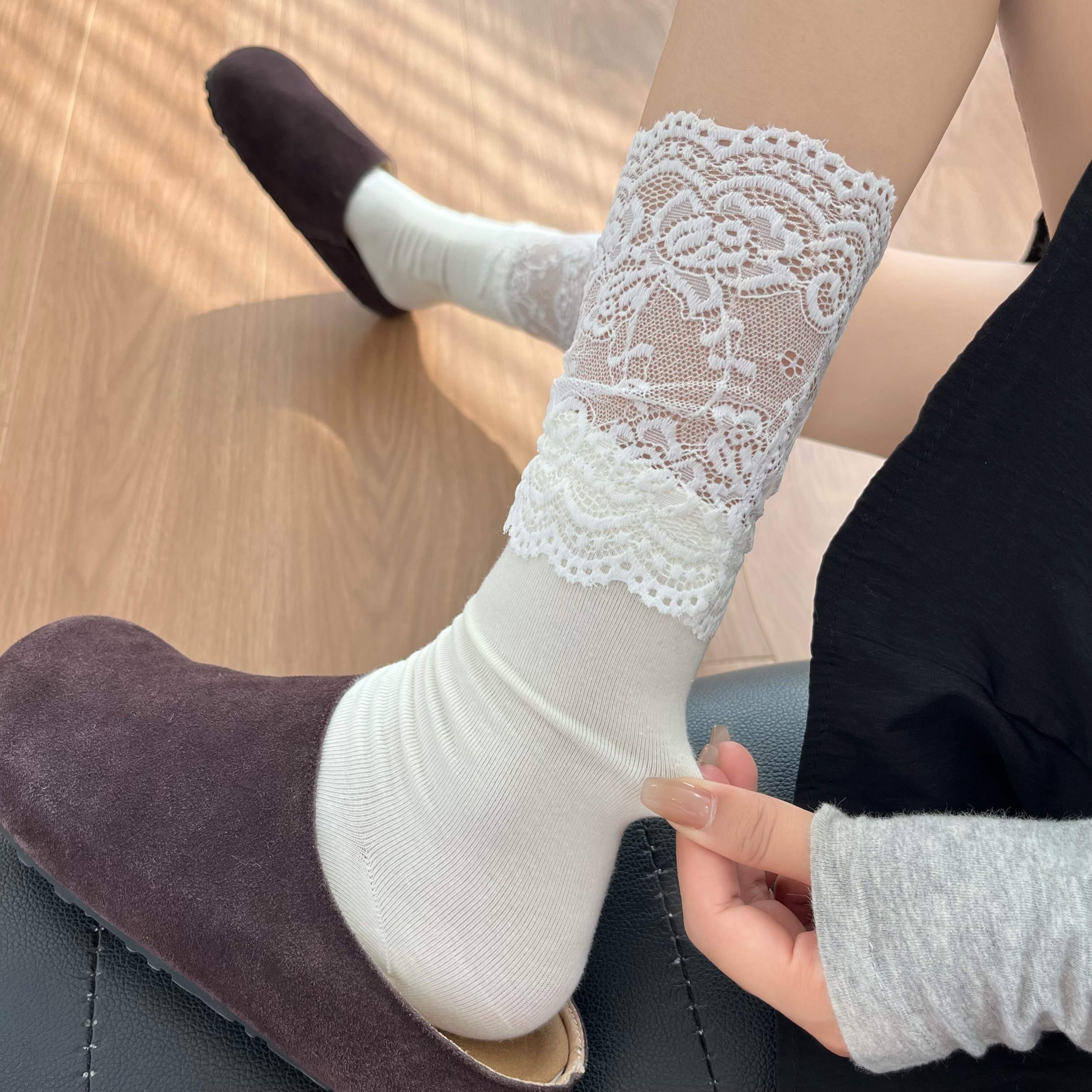 蚂蚁同学【花边蕾丝袜】拼接袜女ins堆堆袜勃肯鞋配蕾丝袜春夏薄