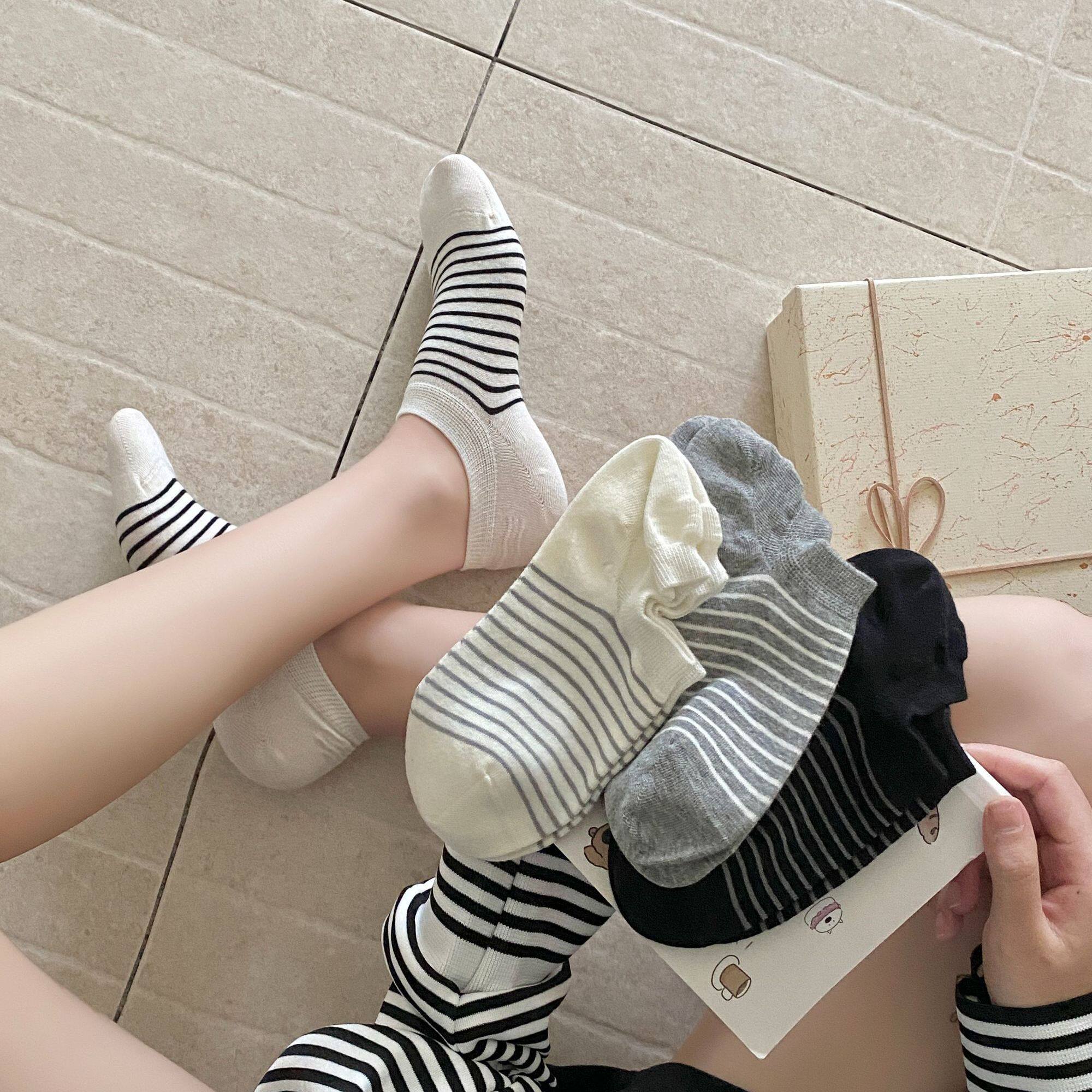 蚂蚁同学简约条纹船袜无骨隐形袜
