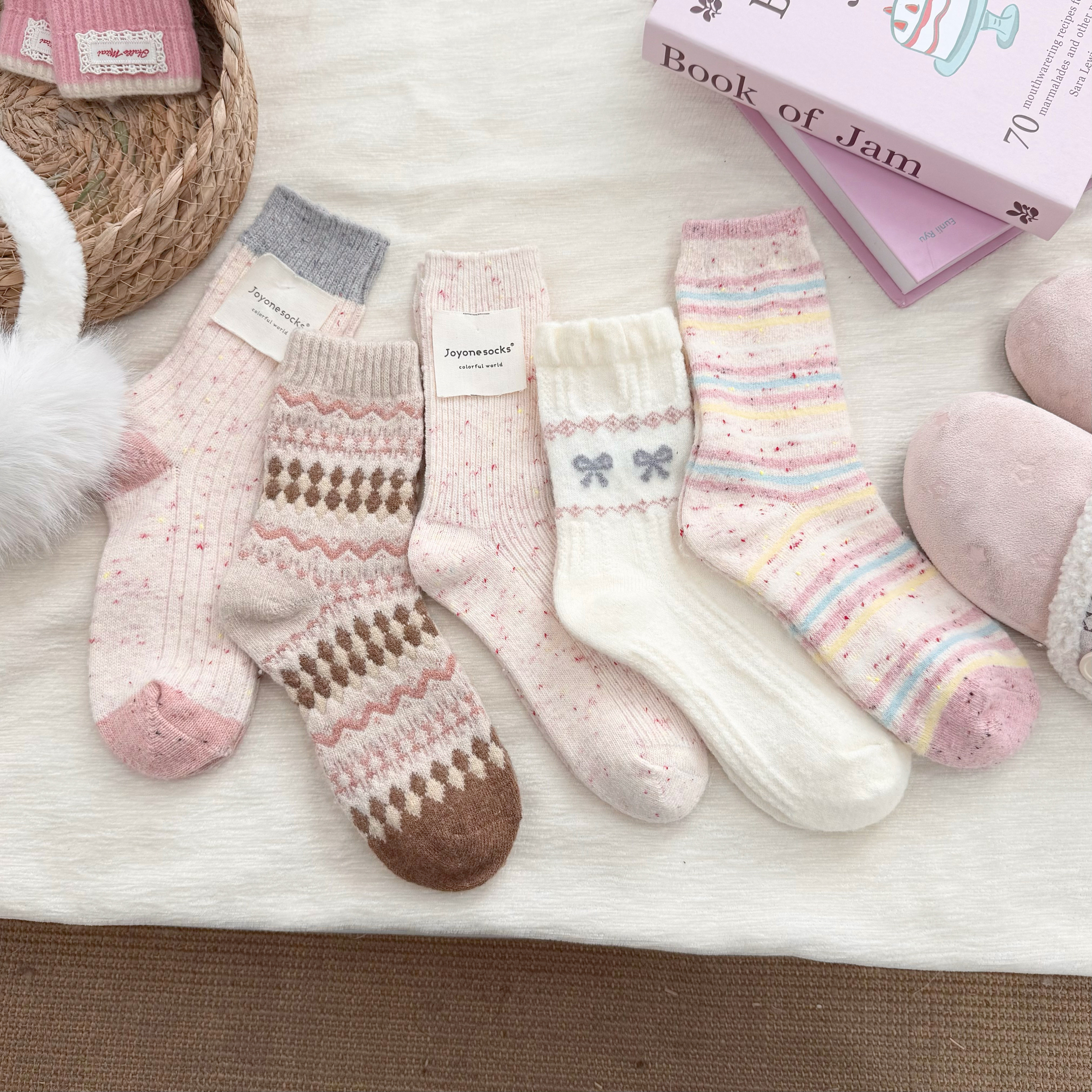 蜜语泡泡粉羊毛袜子女中筒袜秋冬费尔岛加厚保暖甜美点子纱堆堆袜