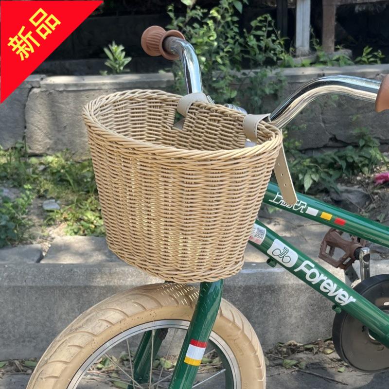 儿童自行车车篮复古仿藤编车筐