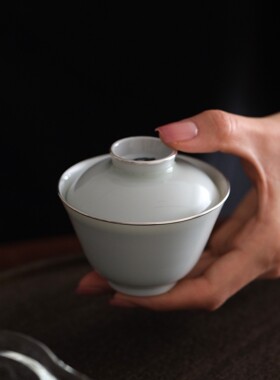 白瓷包银青花盖碗不烫手包银薄胎二才盖碗岩茶景德镇茶器具泡茶器
