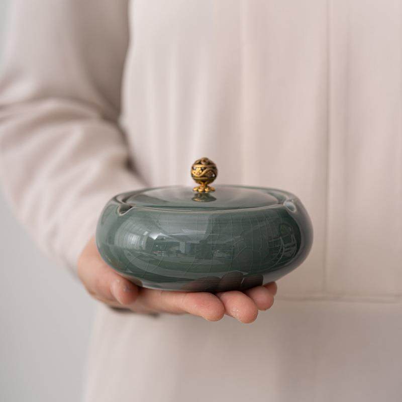 哥窑烟灰缸创意办公室潮流烟缸家用新中式个性陶瓷烟缸客厅轻奢