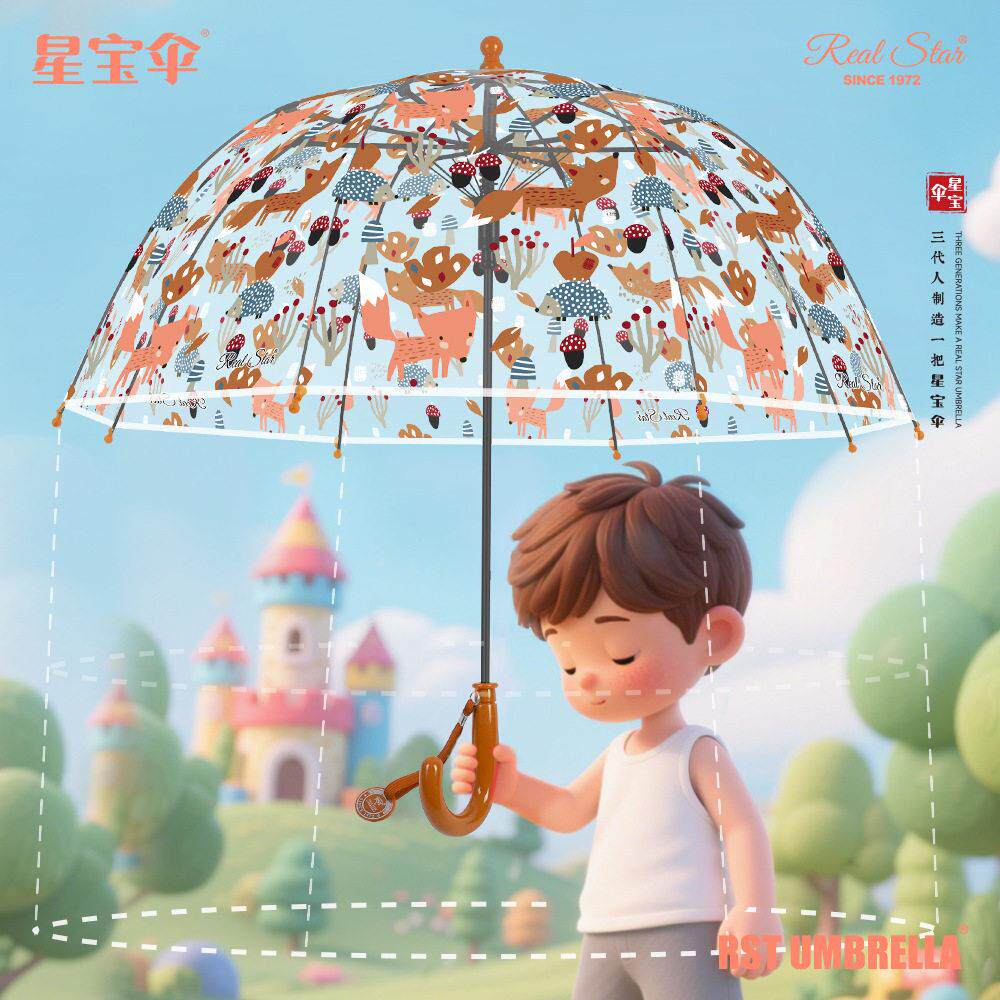 新款插画手绘儿童塑料雨伞女幼儿园拱形透明伞厂家现货