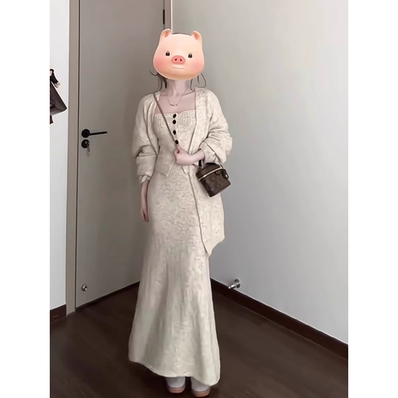 冬季穿搭一整套高级感小香风独特别致针织开衫抹胸背心半身裙套装
