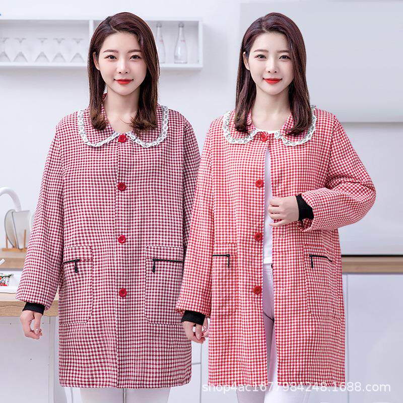 时尚女士棉布罩衣家用厨房做饭长袖围裙加肥加厚防污带袖工作服男