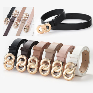 Women Belts Soft Faux Leather Double Ring Buckle Waistband V