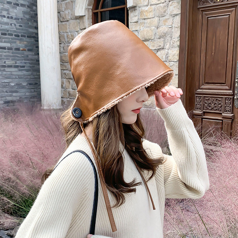 Faux Leather Bucket Hats Women Autumn Winter Bucket Hat PU C