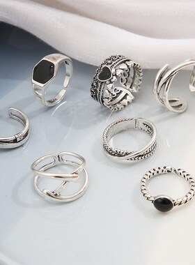 好货Ring set 7-piece set欧美镶钻戒指套装7件套交叉爱心女关节