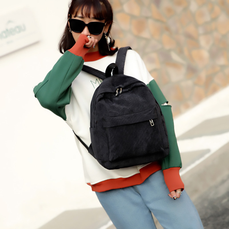Corduroy Backpack Fashion Women School Backpack Pure Color W