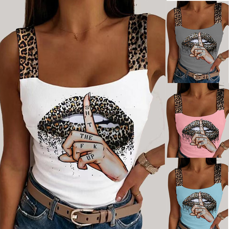 Women Leopard Lips Print Tank ops Summer Sexy Vintage Solid