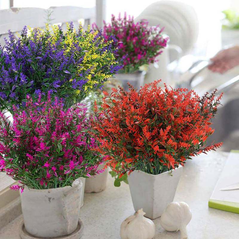 8 Bundles Artificial Flowers Plastic Lavender Plant Leaves