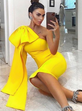 High Quality Blue Orange Runway Bownot One Shoulder Long Sle