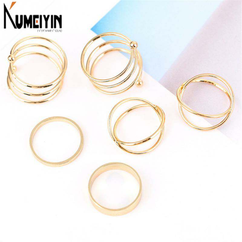 6Pcs Retro Fashion Simple Geometric Alloy Rings Gold Circle