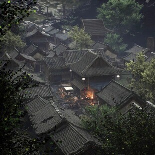 UE5中式古国风亚洲木制瓦房建筑小镇市集街道靠山ASIAN - Village