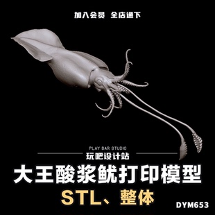 大王酸浆鱿巨型鱿鱼海洋生物STL三维模型3D打印圆雕图纸C4D建模