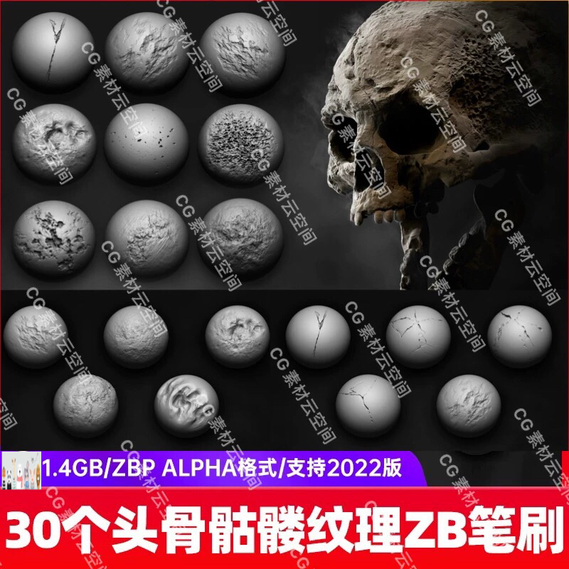 zbrush头骨骨头骷髅骨质细节纹理笔刷blender骨质骨架雕刻笔刷zbp