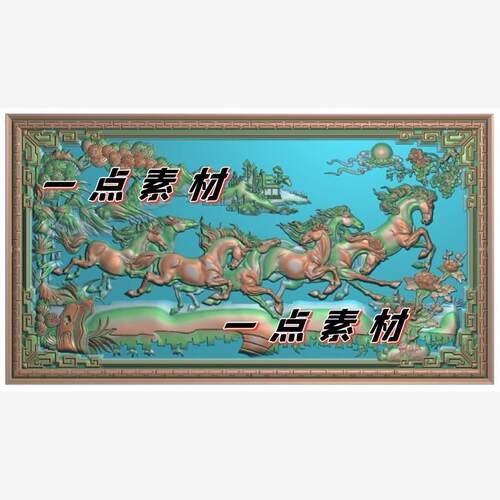 八骏雄风山水古典风景浮雕精雕图骏马奔腾石雕背景墙雕刻灰度图