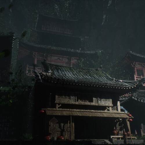 UE5中式古风神秘峡谷山崖洞穴客栈建筑ASIAN - Cave