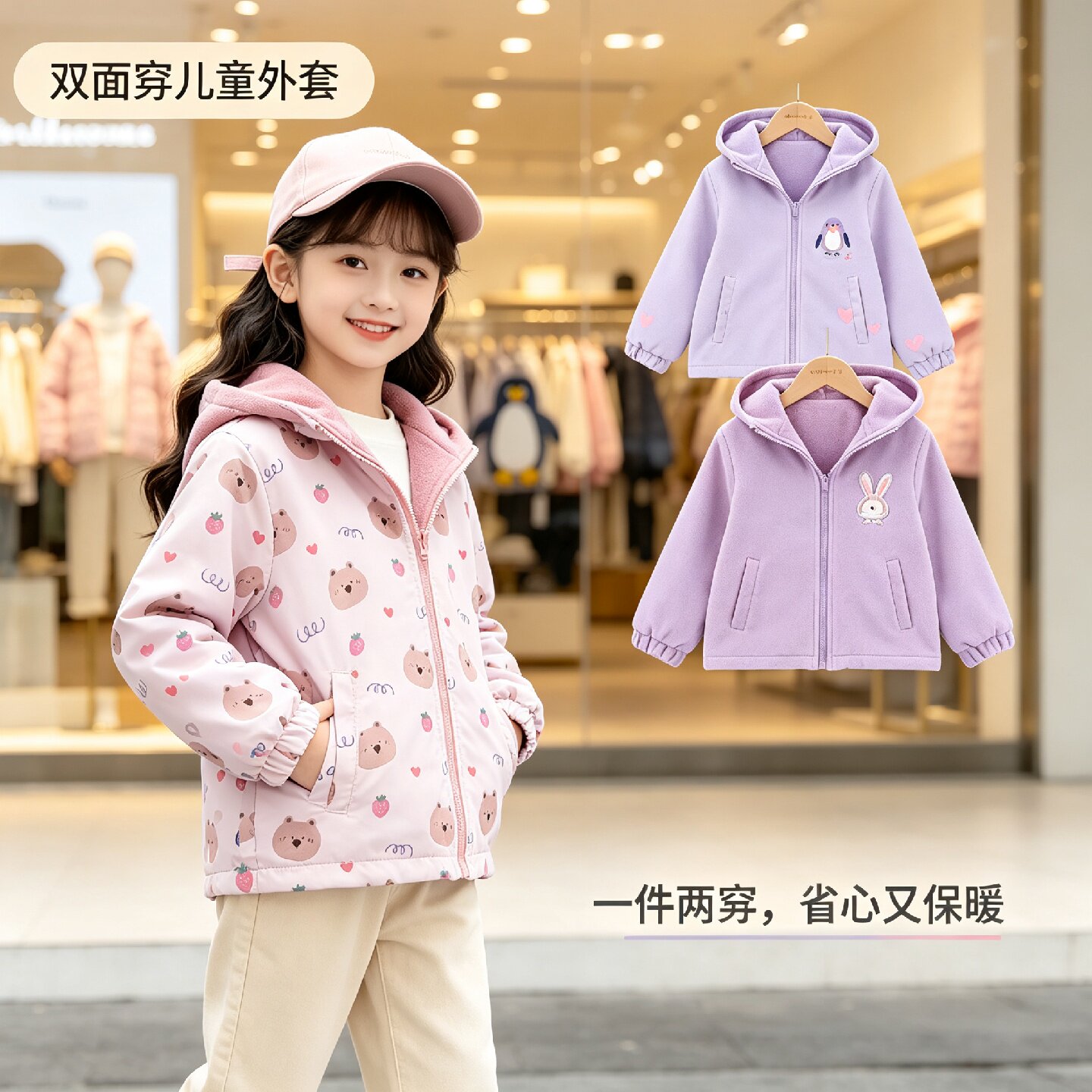 女童春秋双面穿冲锋外套中大童两