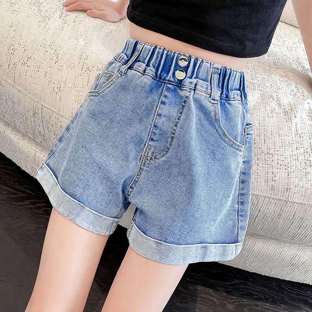 儿童休闲裤子夏季薄款女童简约短牛仔裤宝宝洋气宽松夏天热短裤