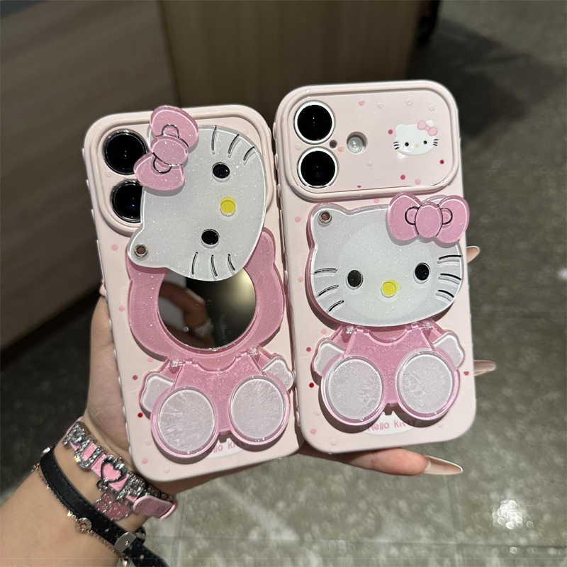 镜面小猫支架手机壳苹果17ProMax适用iPhone16波点15Plus粉色14可爱13卡通女款少女心创意爱心大视窗秒变软壳