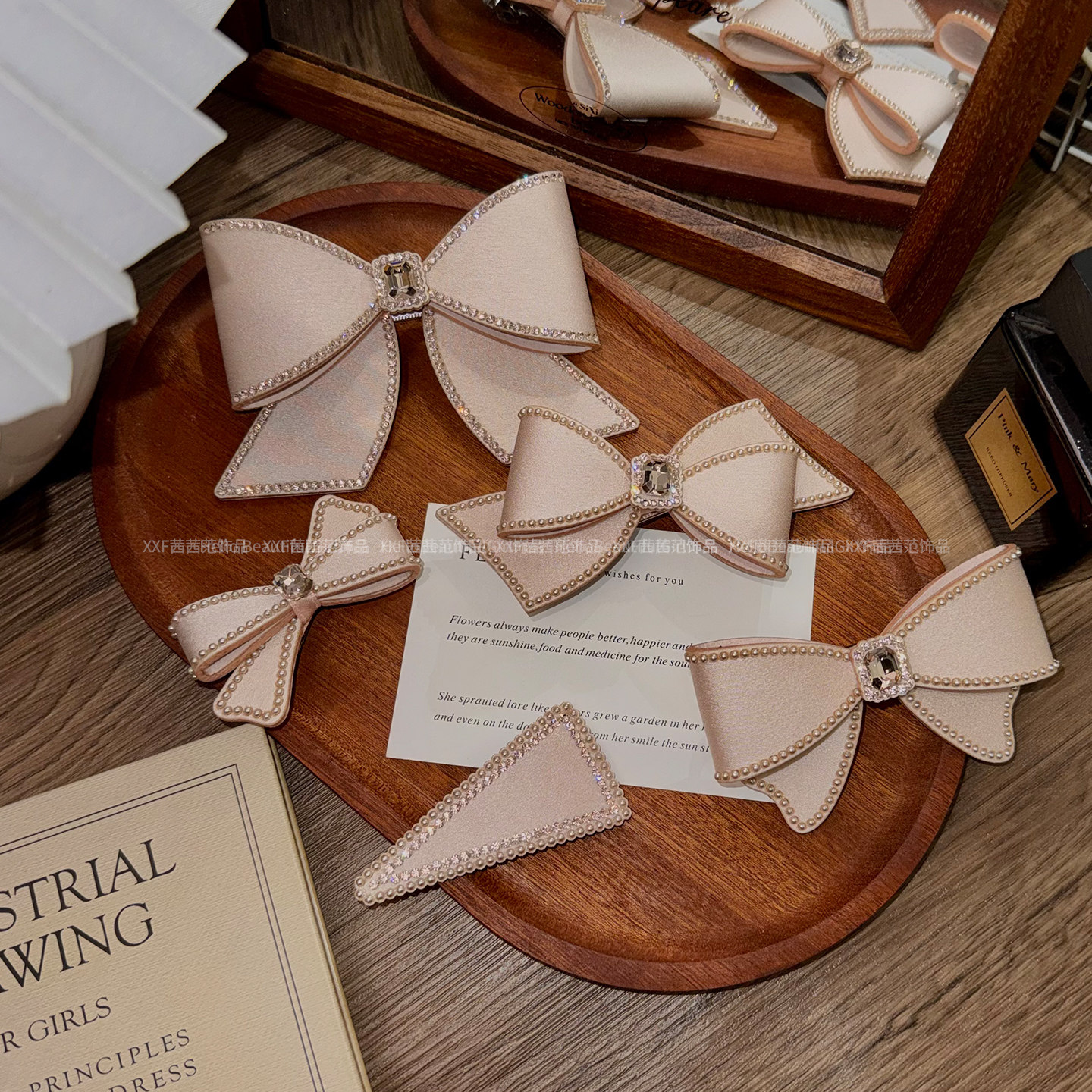 法式香槟色蝴蝶结发夹珍珠水钻领结温柔懒人夹头饰韩版轻奢复古