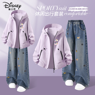 迪士尼女童套装2025新款春装洋气时髦大童女孩衣服儿童外套牛仔裤