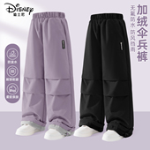 迪士尼女童一体绒裤 女大童冬装 子2025新款 户外防水儿童加绒伞兵裤
