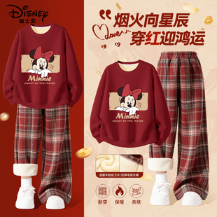 迪士尼拜年服女童冬装套装2026新款红色加绒卫衣裤子儿童新年衣服