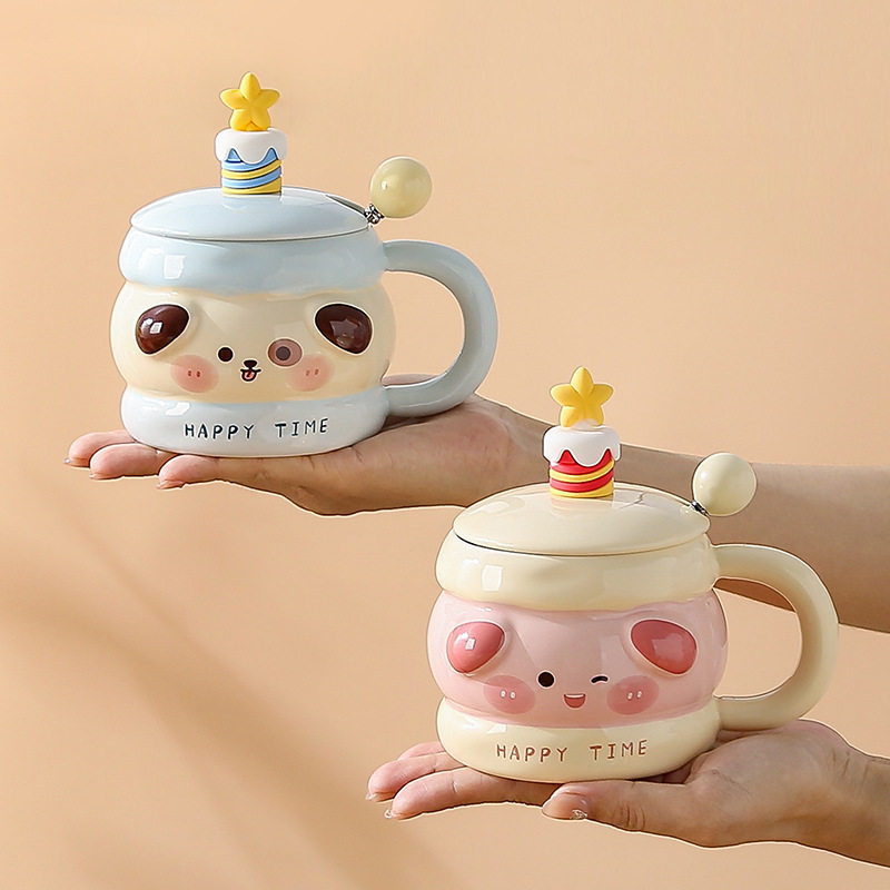 可爱陶瓷水杯生日礼物女生超萌高颜值情侣马克杯带盖勺杯子伴手礼